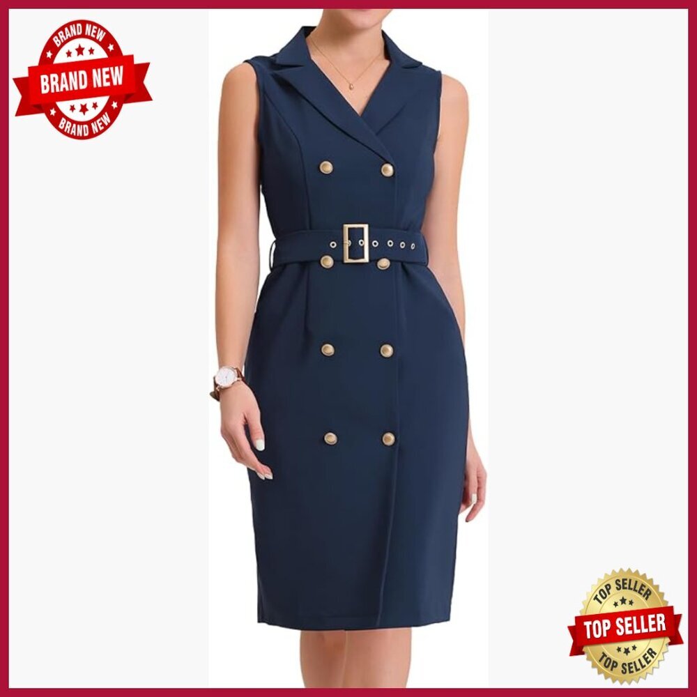 Sleeveless Blazer Dress Notch V Neck Button Down Work Office Formal